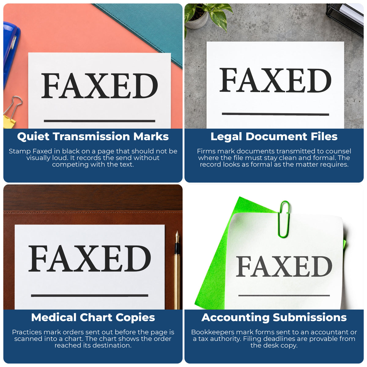"Faxed" imprint applied to paperwork, rectangle impression at Approximately 1/2 in tall x 1-5/8 in wide