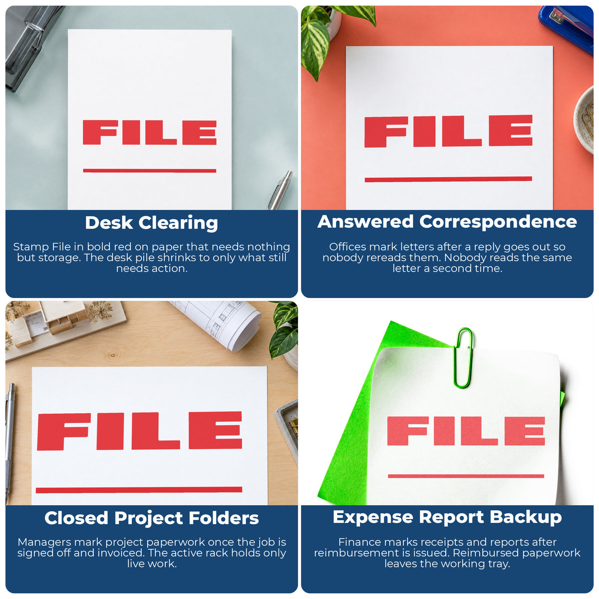 "File" imprint applied to paperwork, rectangle impression at Approximately 1/2 in tall x 1-5/8 in wide