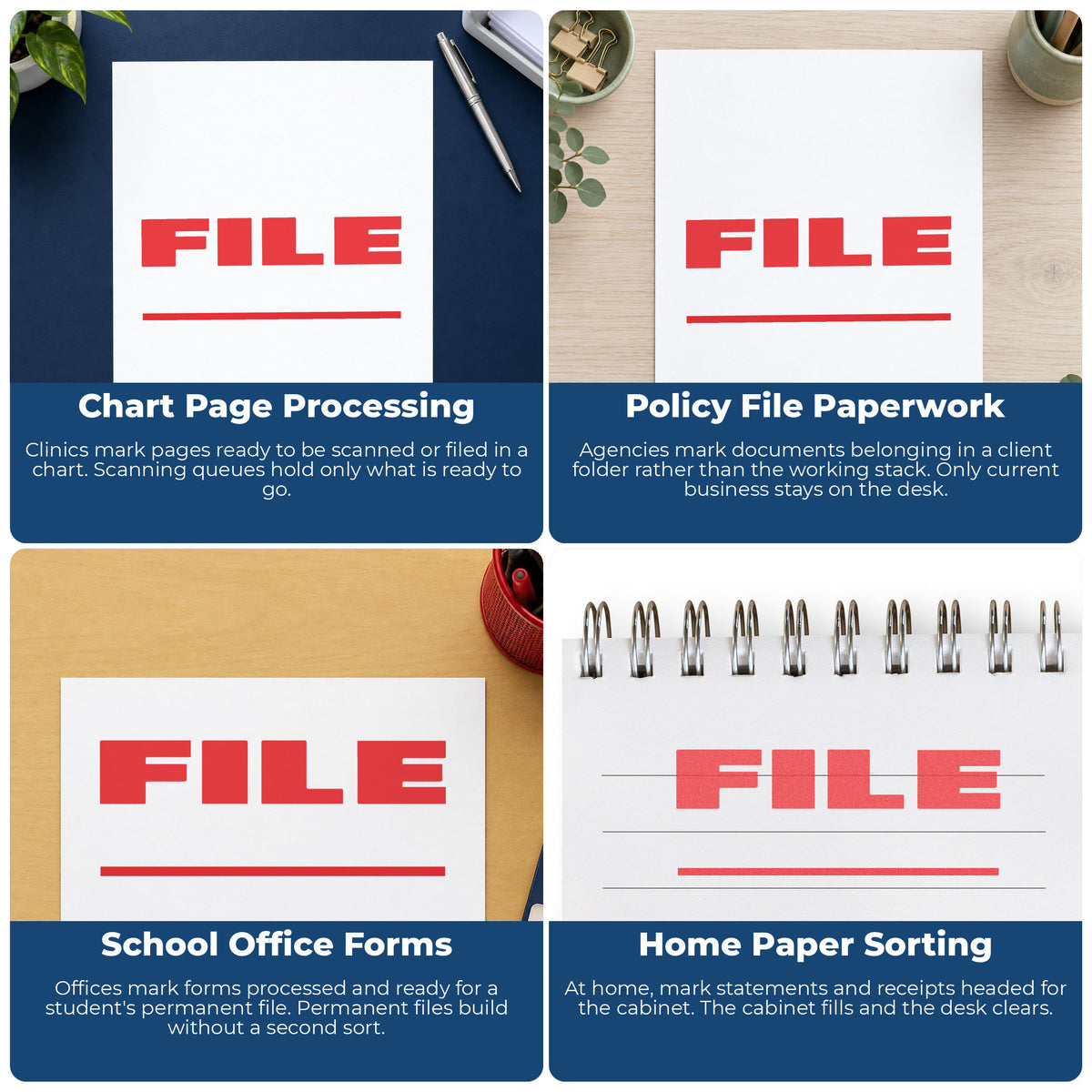 "File" pre-inked stamp alongside the mark it leaves on a page