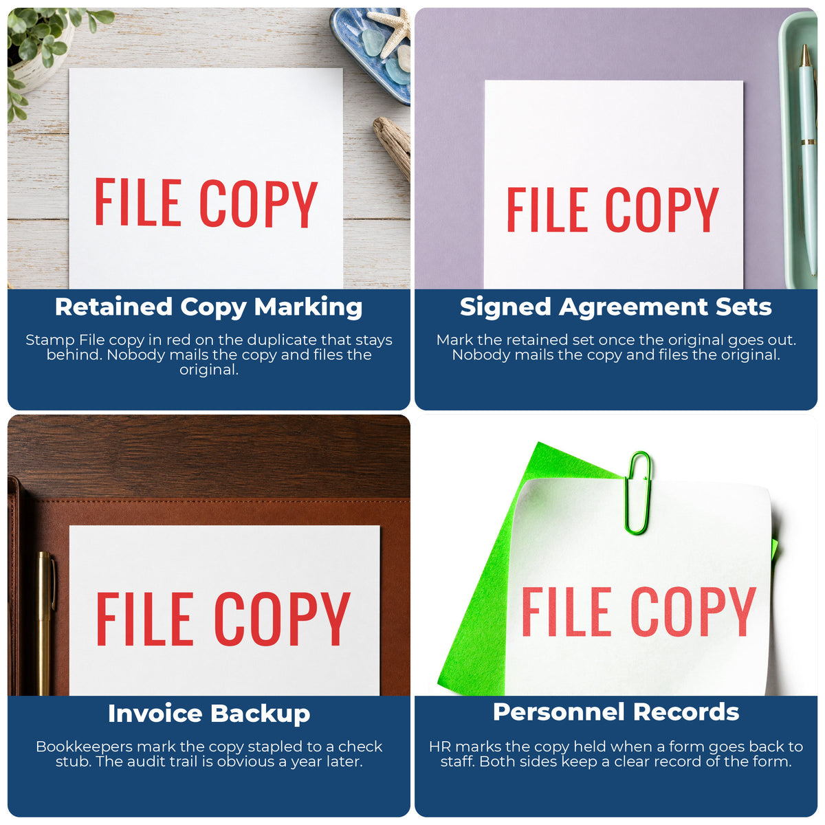 "File copy" imprint applied to paperwork, rectangle impression at 1/2 x 1-5/8 in