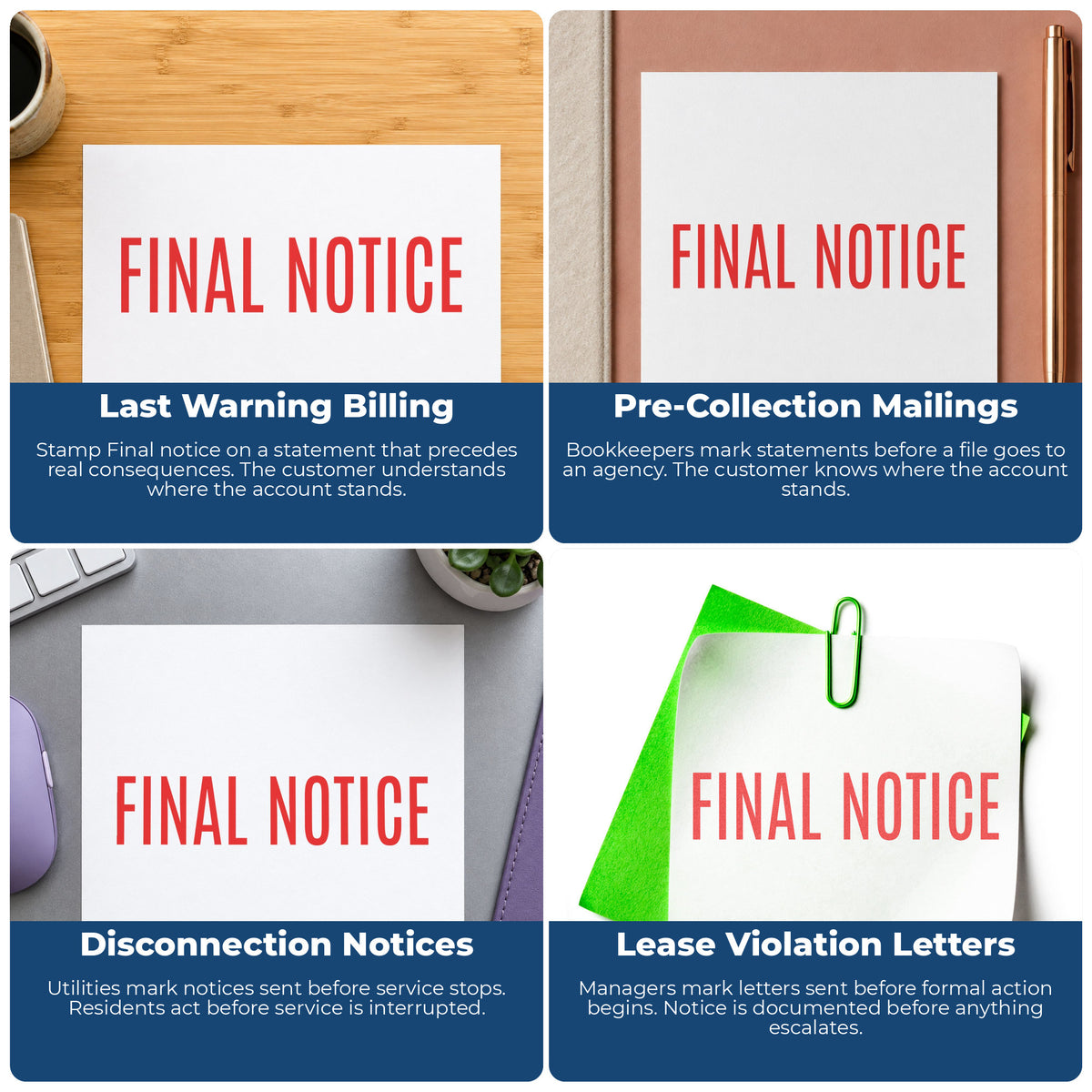 "Final notice" imprint applied to paperwork, rectangle impression at Approximately 1/2 in tall x 1-5/8 in wide