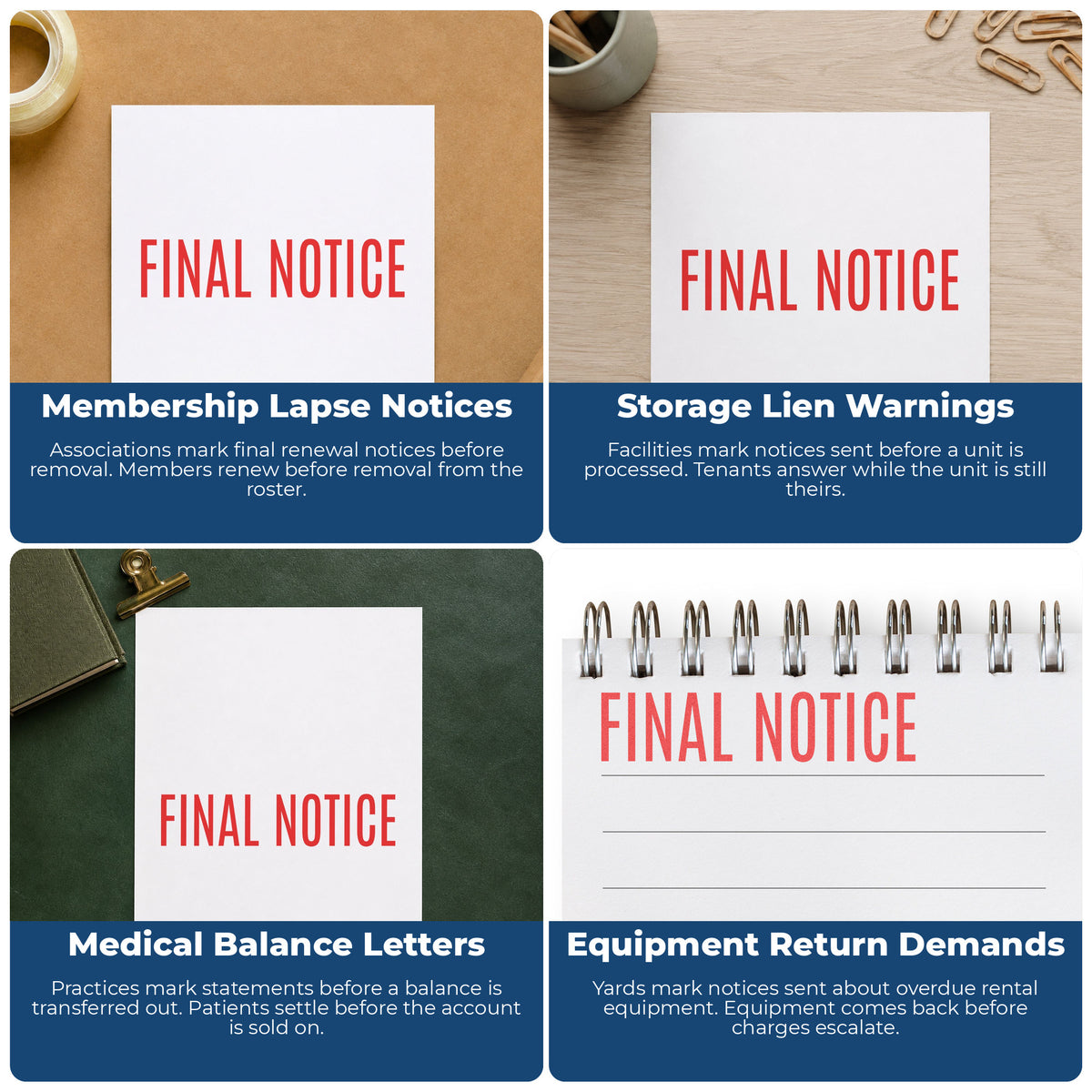"Final notice" pre-inked stamp alongside the mark it leaves on a page