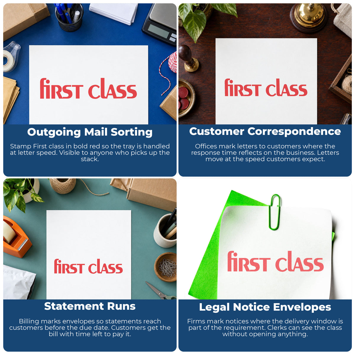 "First class" imprint applied to paperwork, rectangle impression at 1/2 x 1-5/8 in