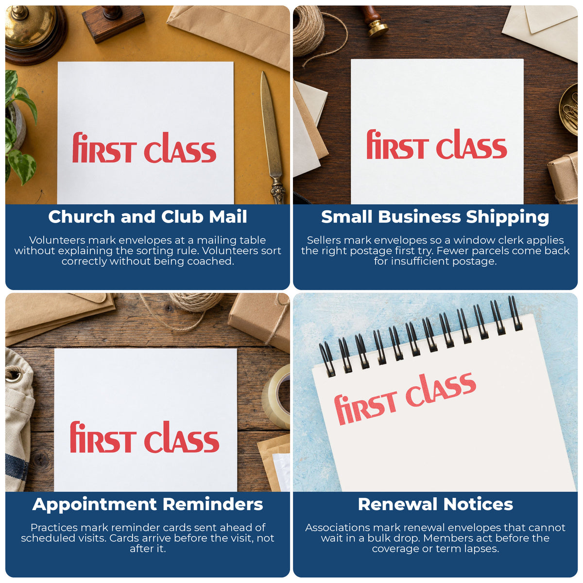"First class" pre-inked stamp alongside the mark it leaves on a page