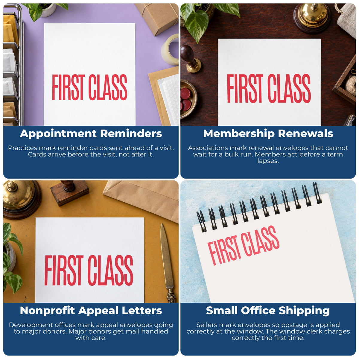 "First class" pre-inked stamp alongside the mark it leaves on a page