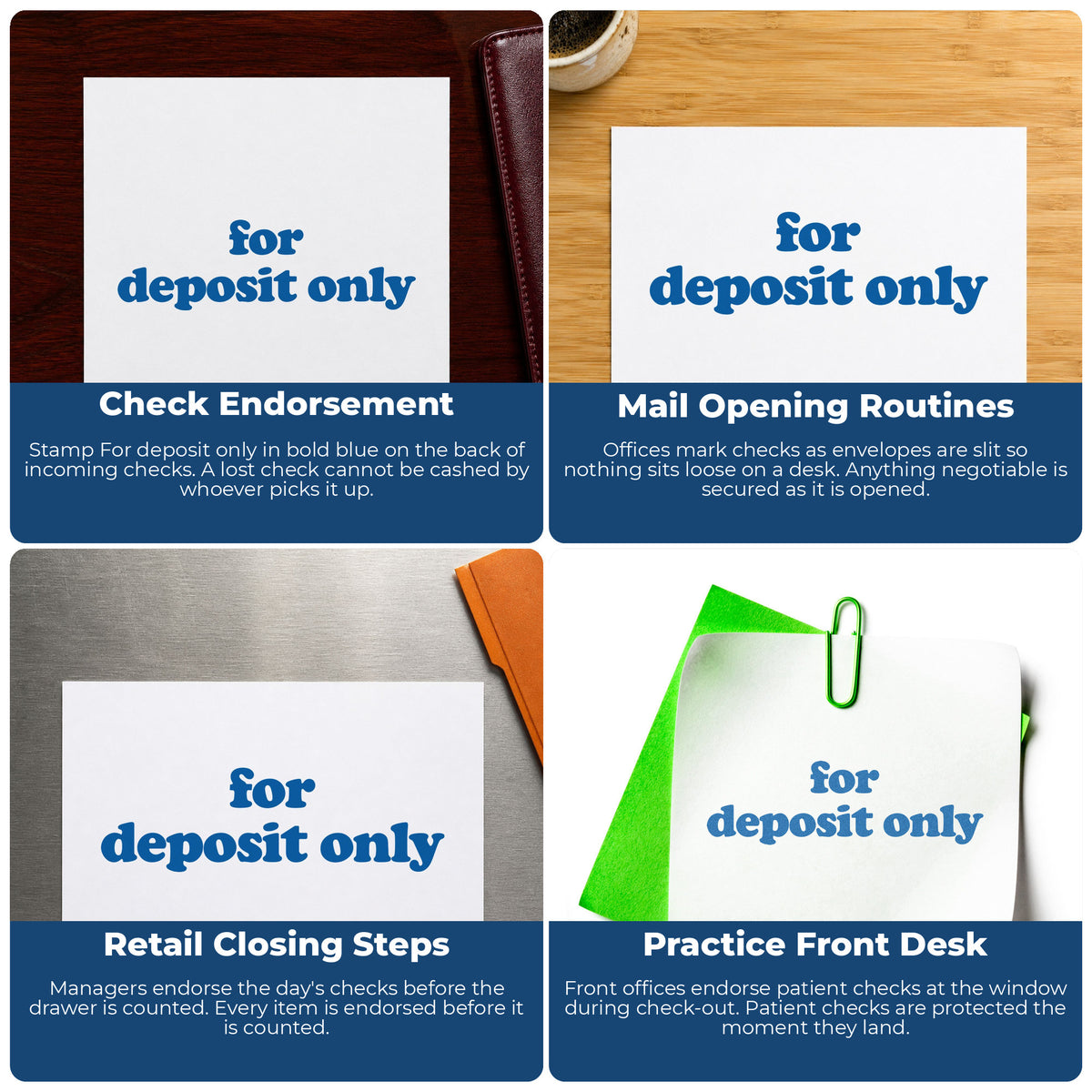 "For deposit only" imprint applied to paperwork, rectangle impression at 1/2 x 1-5/8 in