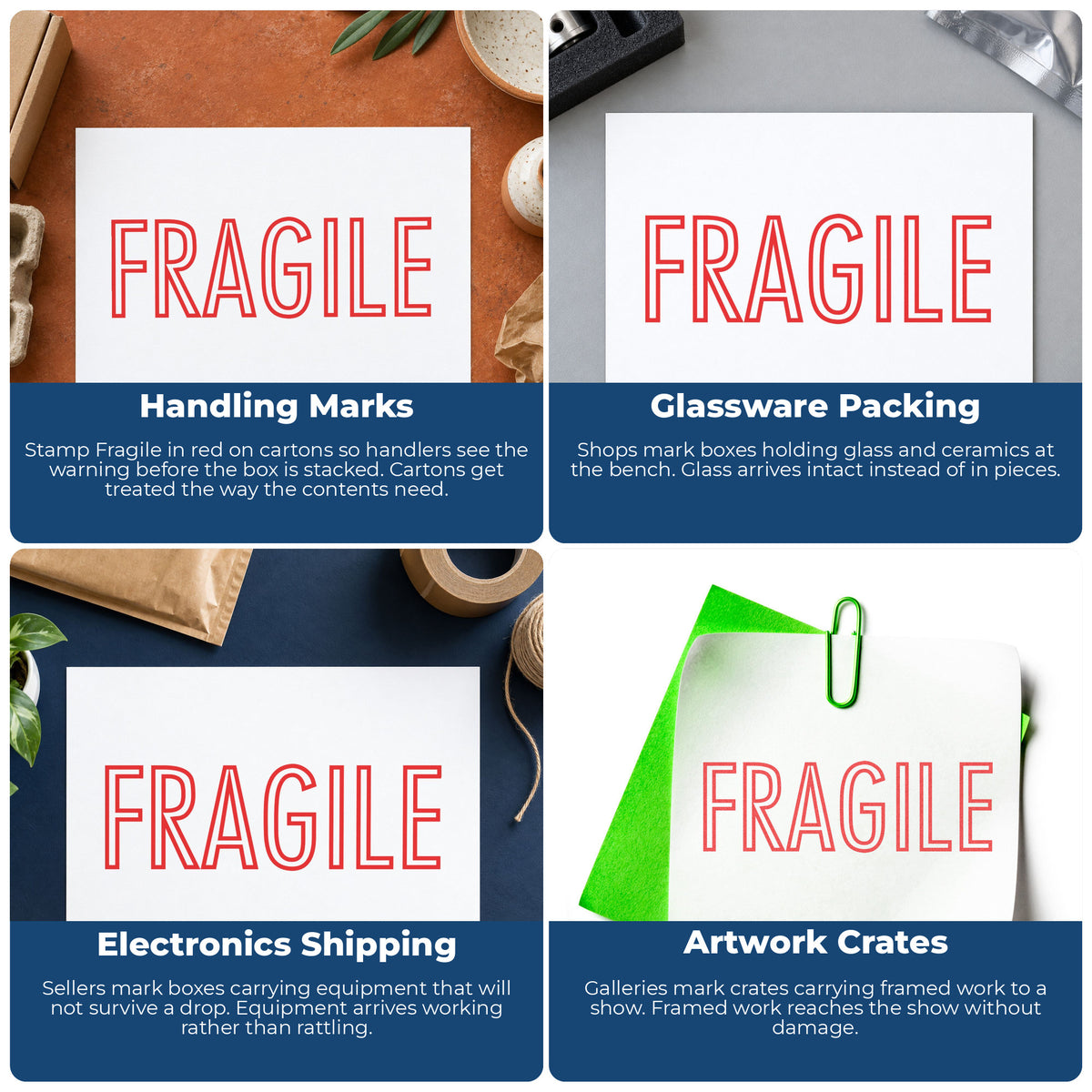 "Fragile" imprint applied to paperwork, rectangle impression at Approximately 1/2 in tall x 1-5/8 in wide