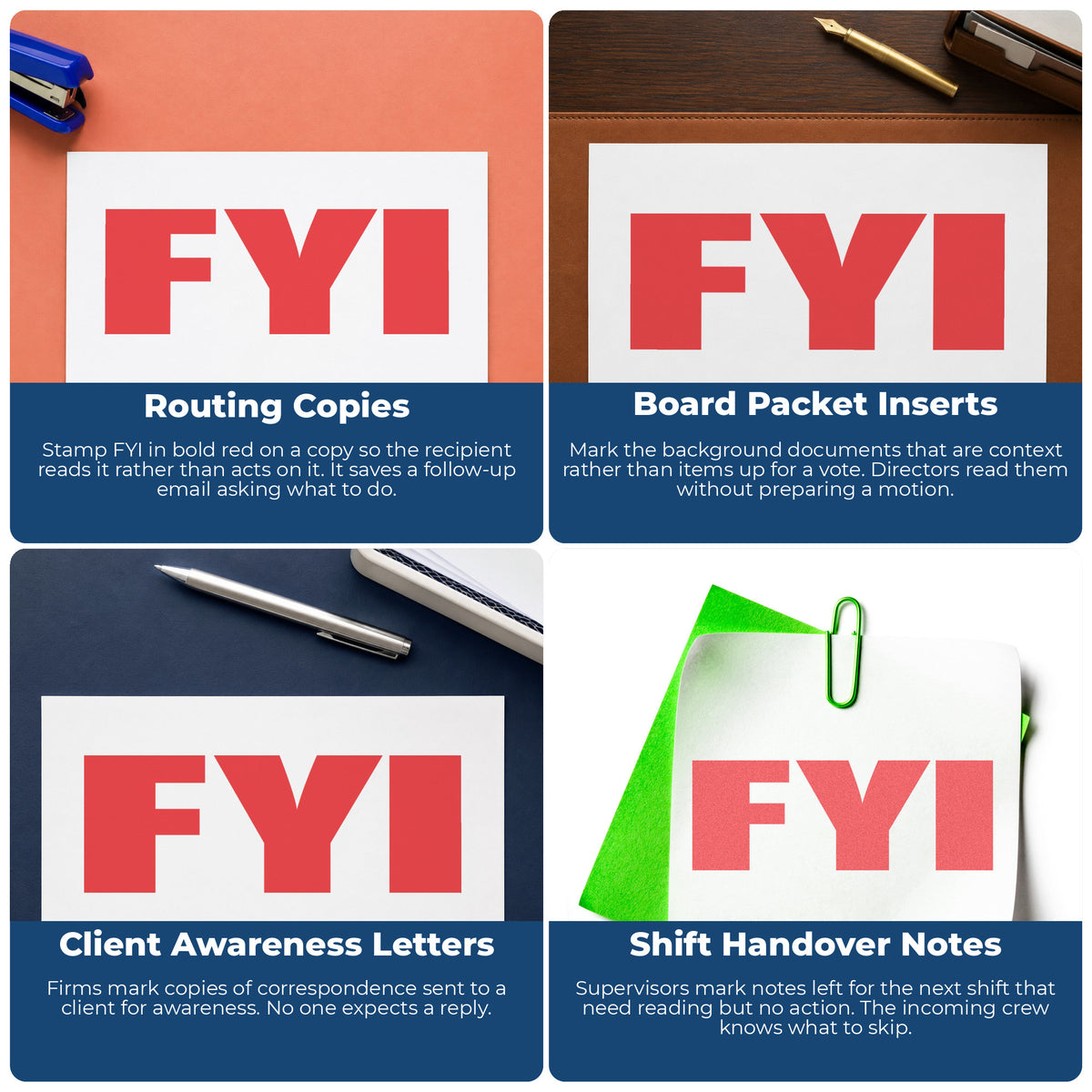 "FYI" imprint applied to paperwork, rectangle impression at 1/2 x 1-5/8 in