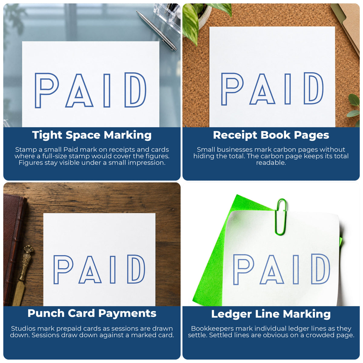 "Paid" imprint applied to paperwork, rectangle impression at Approximately 1/2 in tall x 1-5/8 in wide