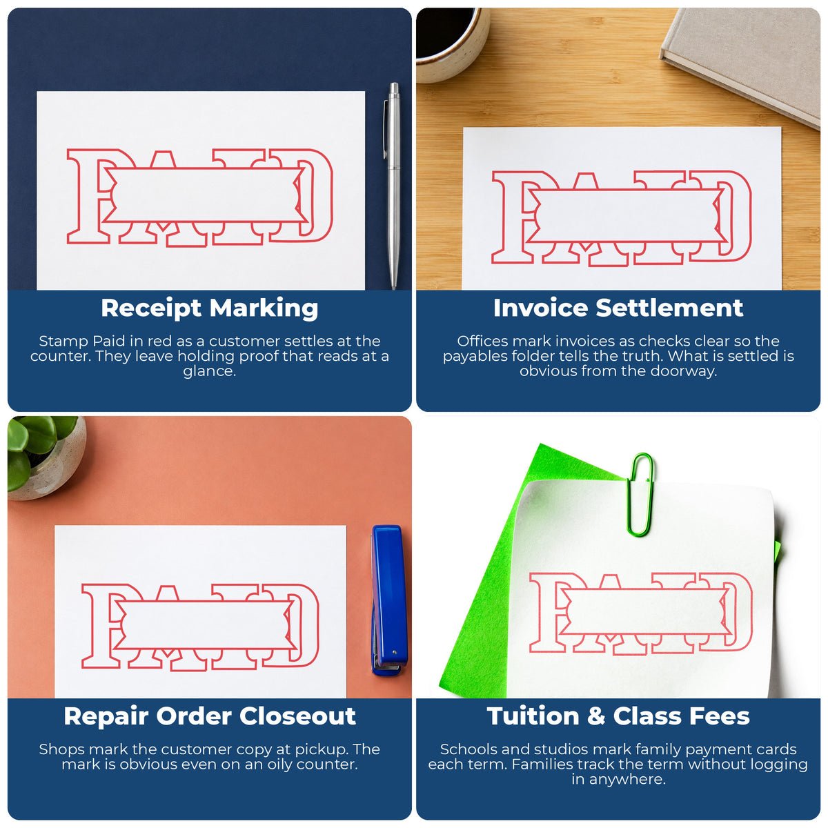 "Paid" imprint applied to paperwork, rectangle impression at 1/2 x 1-5/8 in