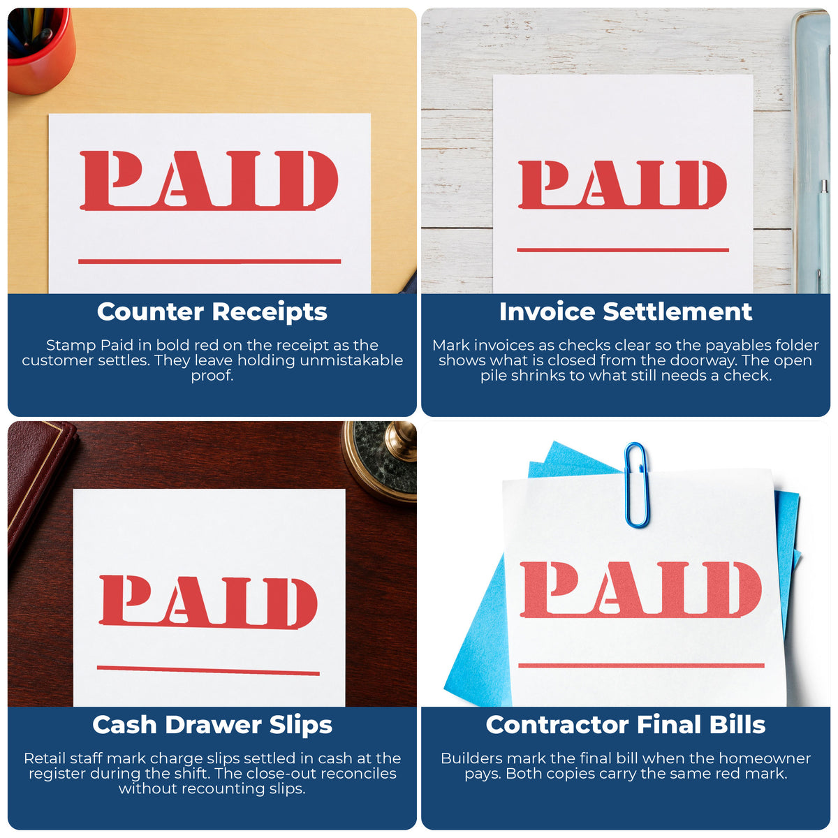 "Paid" imprint applied to paperwork, rectangle impression at Approximately 1/2 in tall x 1-5/8 in wide