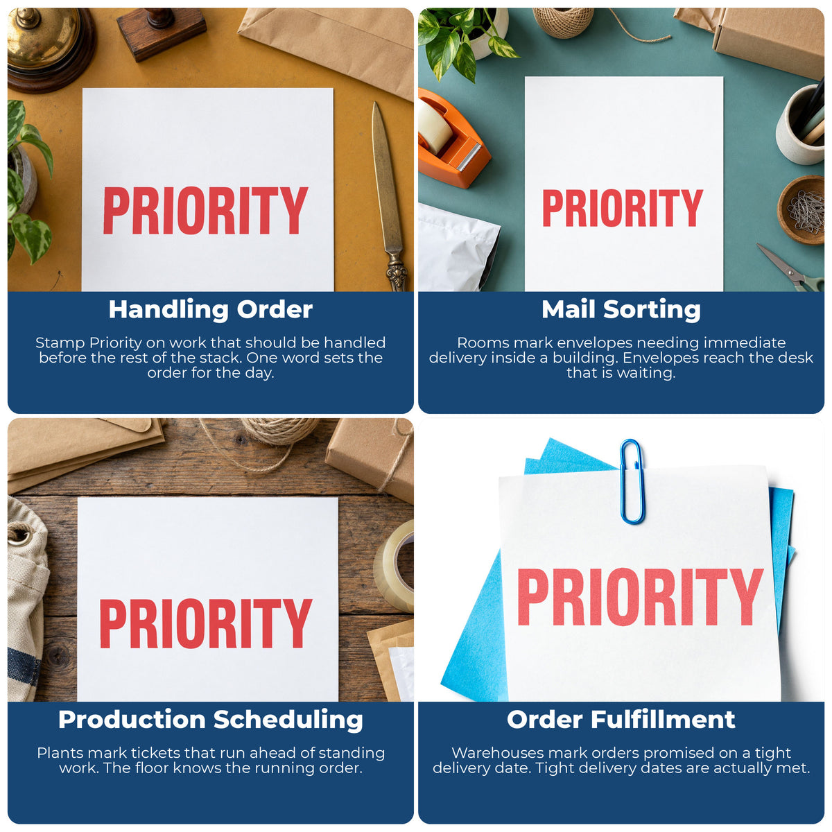 "Priority" imprint applied to paperwork, rectangle impression at 1/2 x 1-5/8 in