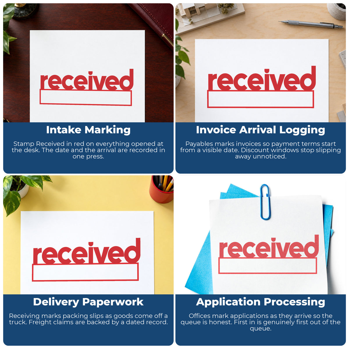 "Received" imprint applied to paperwork, rectangle impression at 1/2 x 1-5/8 in