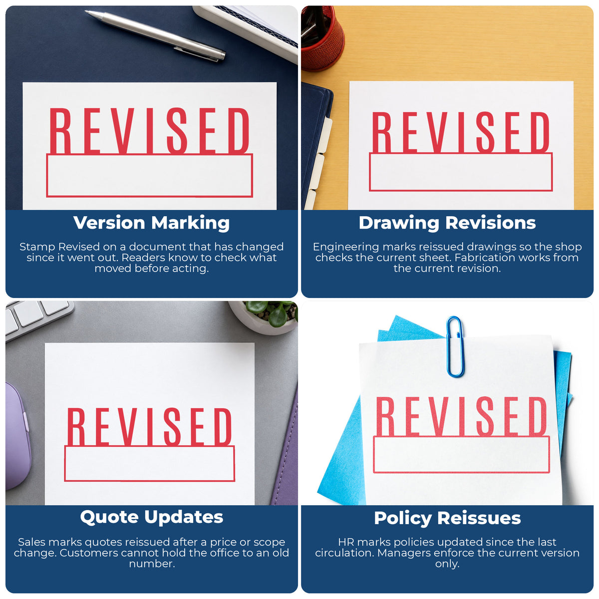 "Revised" imprint applied to paperwork, rectangle impression at 1/2 x 1-5/8 in