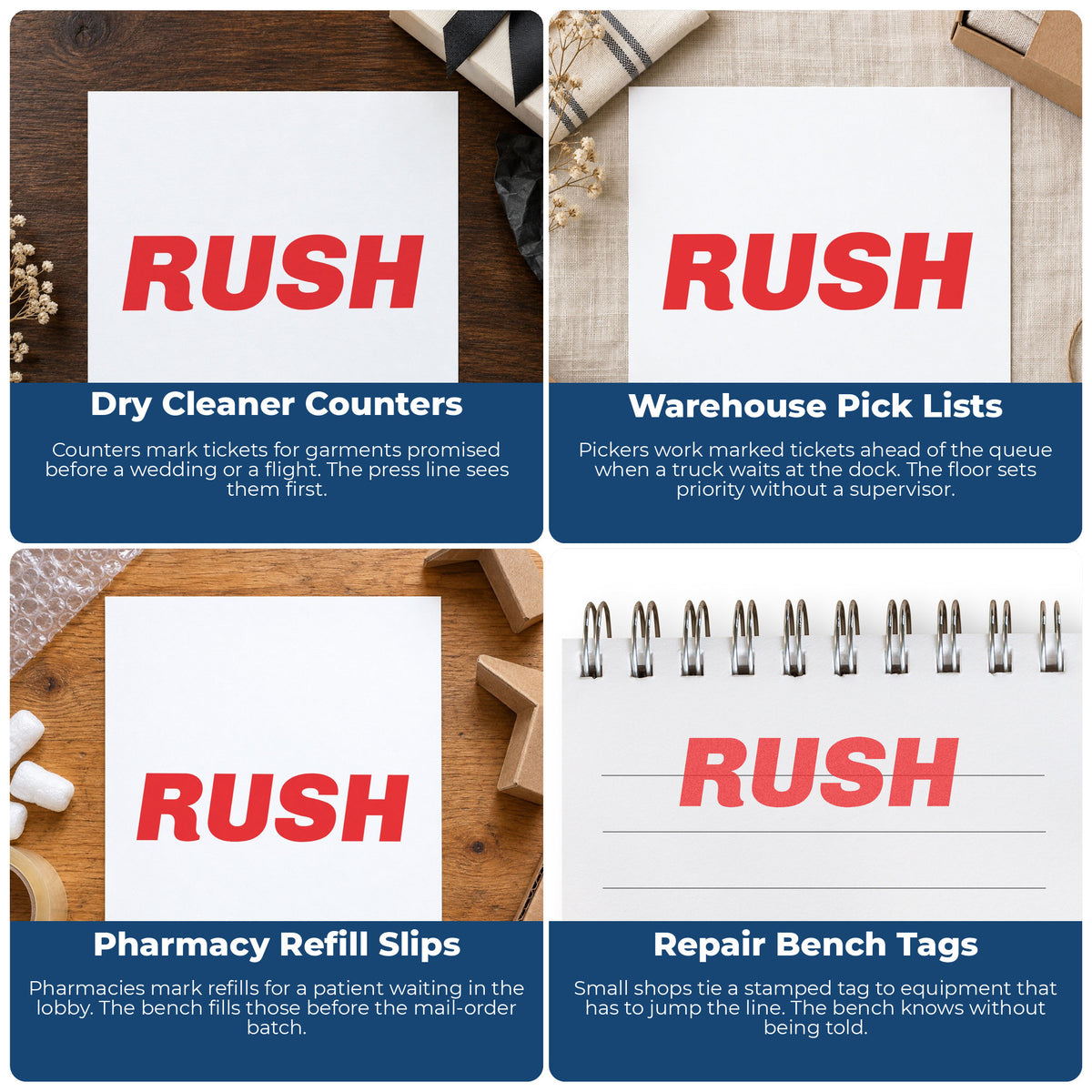 "Rush" pre-inked stamp alongside the mark it leaves on a page