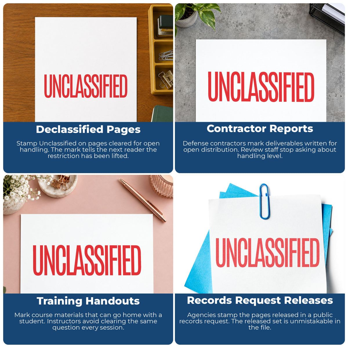"Unclassified" imprint applied to paperwork, rectangle impression at Approximately 1/2 in tall x 1-5/8 in wide