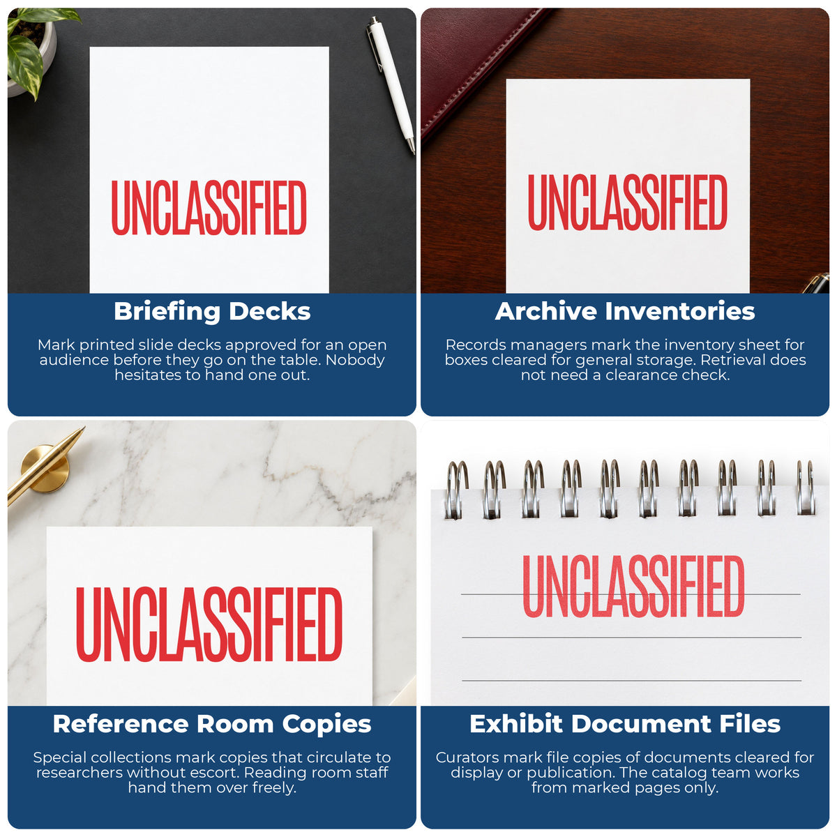 "Unclassified" pre-inked stamp alongside the mark it leaves on a page