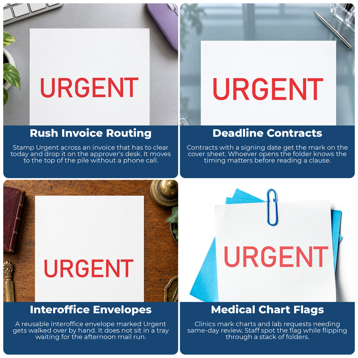 "Urgent" imprint applied to paperwork, rectangle impression at 1/2 x 1-5/8 in