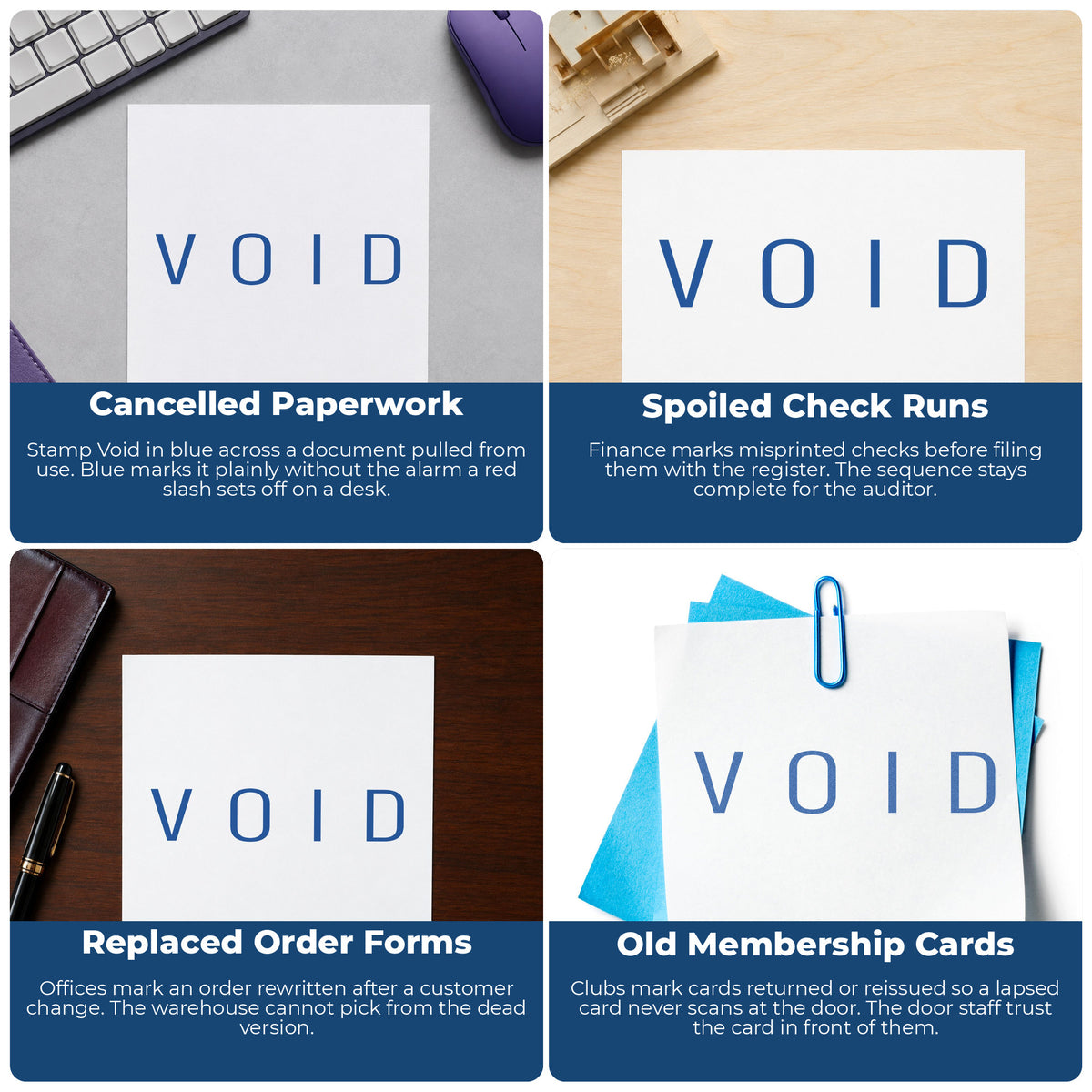 "Void" imprint applied to paperwork, rectangle impression at Approximately 1/2 in tall x 1-5/8 in wide