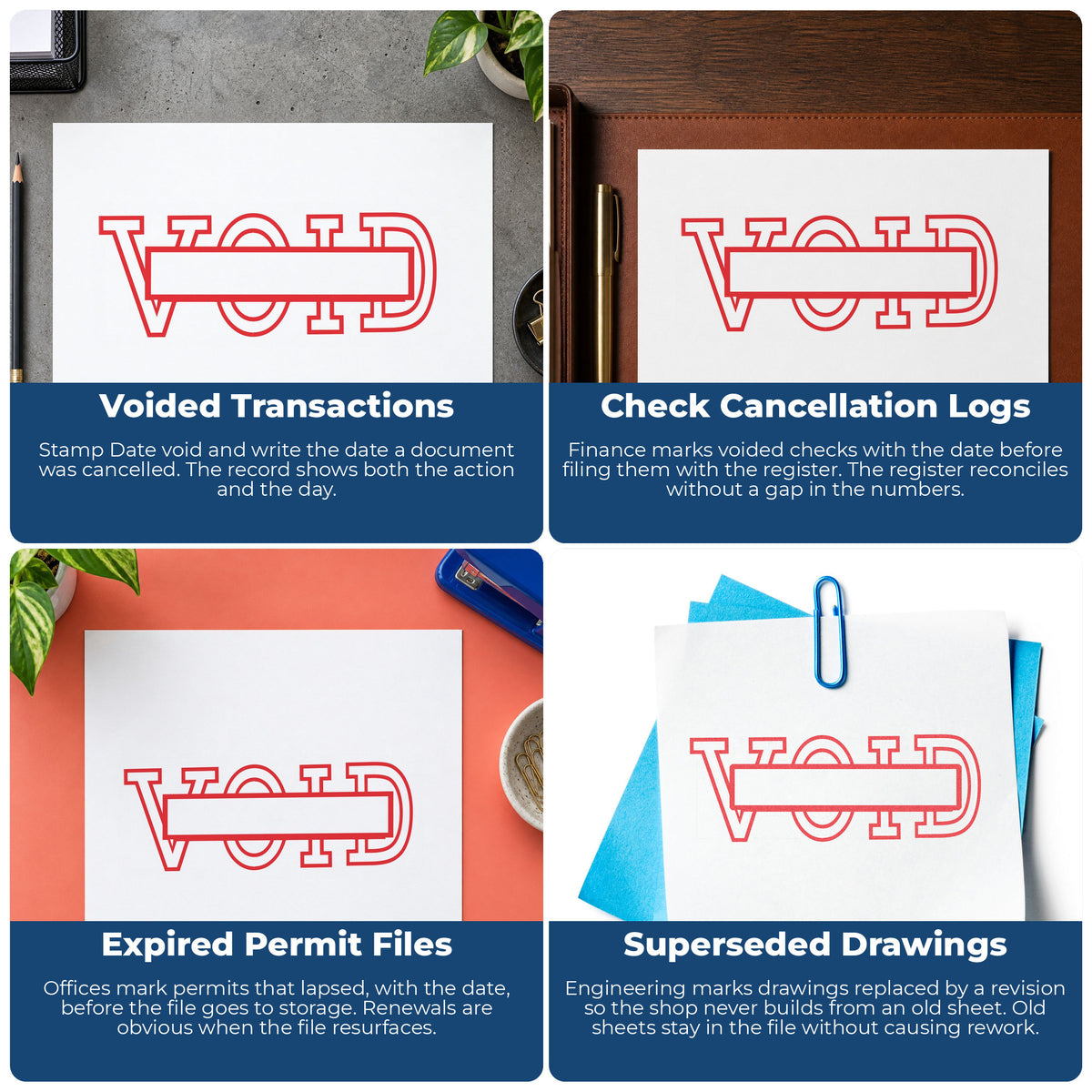 "Date void" imprint applied to paperwork, rectangle impression at 1/2 x 1-5/8 in