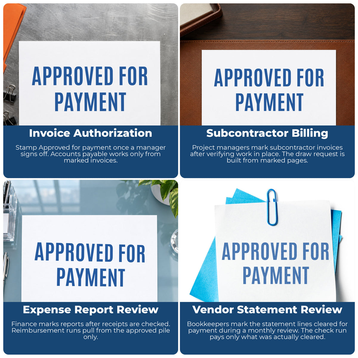"Approved for payment" imprint applied to paperwork, rectangle impression at 1/2 x 1-5/8 in