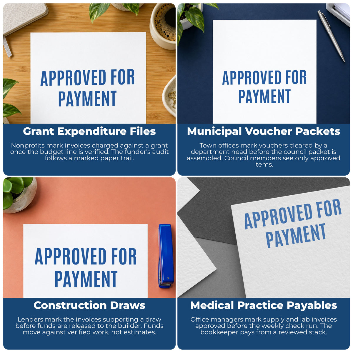 "Approved for payment" pre-inked stamp alongside the mark it leaves on a page