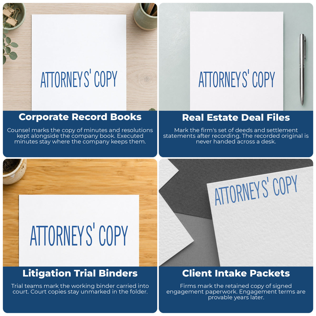 "Attorney's copy" pre-inked stamp alongside the mark it leaves on a page