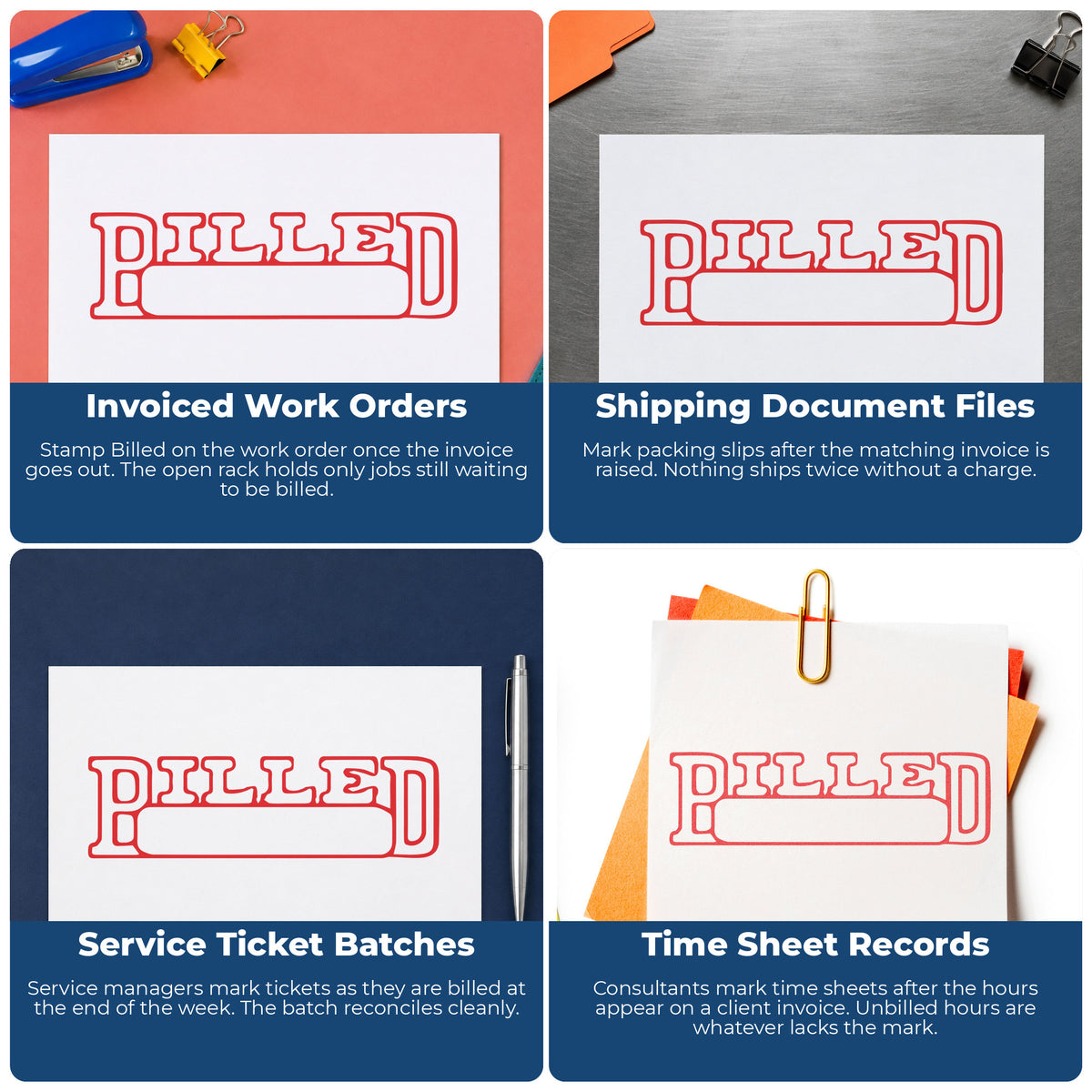 "Billed" imprint applied to paperwork, rectangle impression at Approximately 1/2 in tall x 1-5/8 in wide