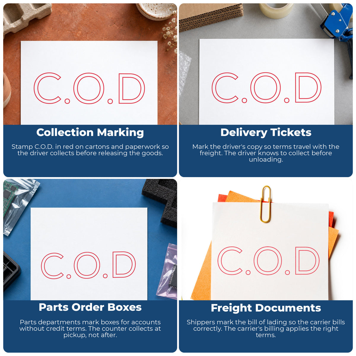 "C.O.D." imprint applied to paperwork, rectangle impression at Approximately 1/2 in tall x 1-5/8 in wide