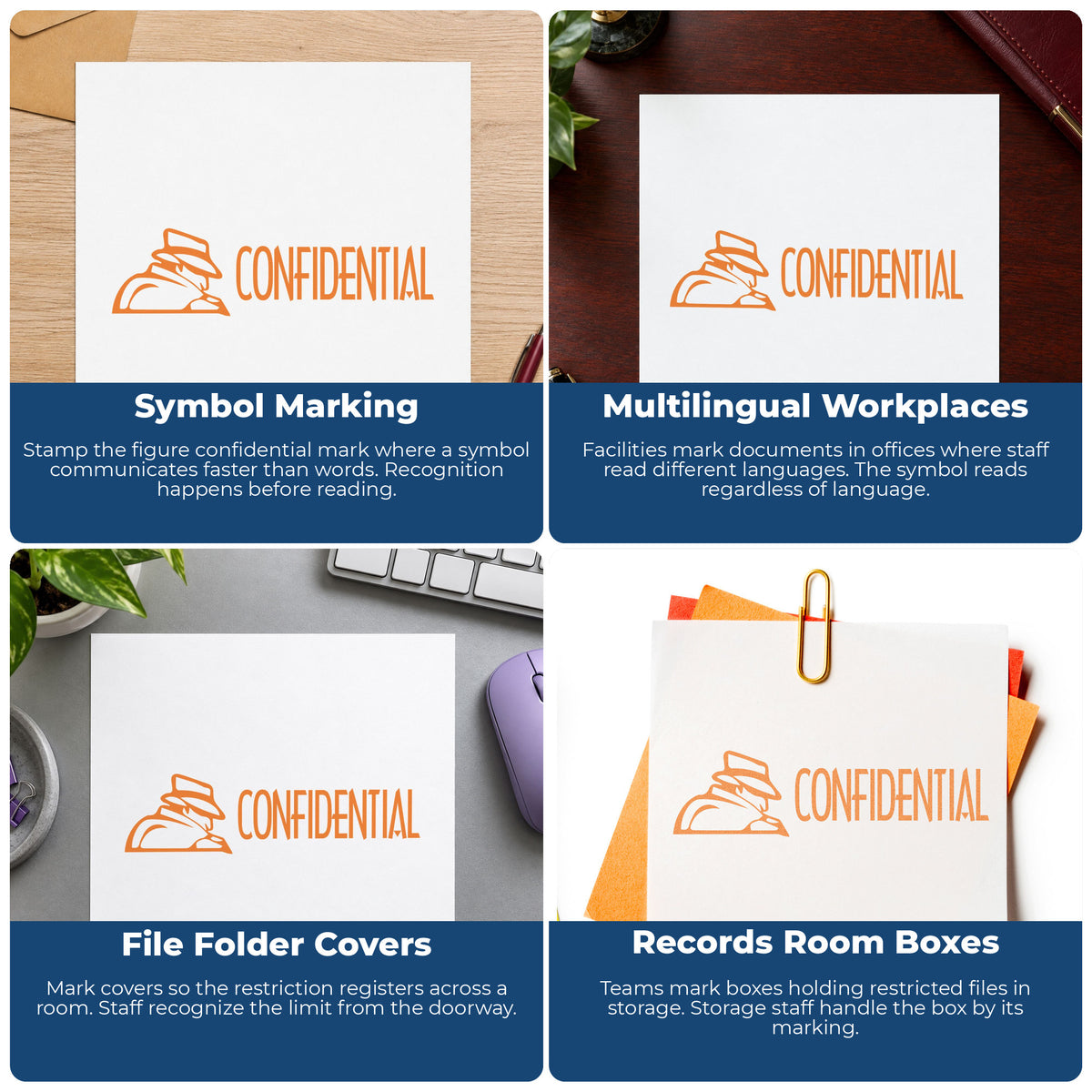 "Confidential" imprint applied to paperwork, rectangle impression at 1/2 x 1-5/8 in