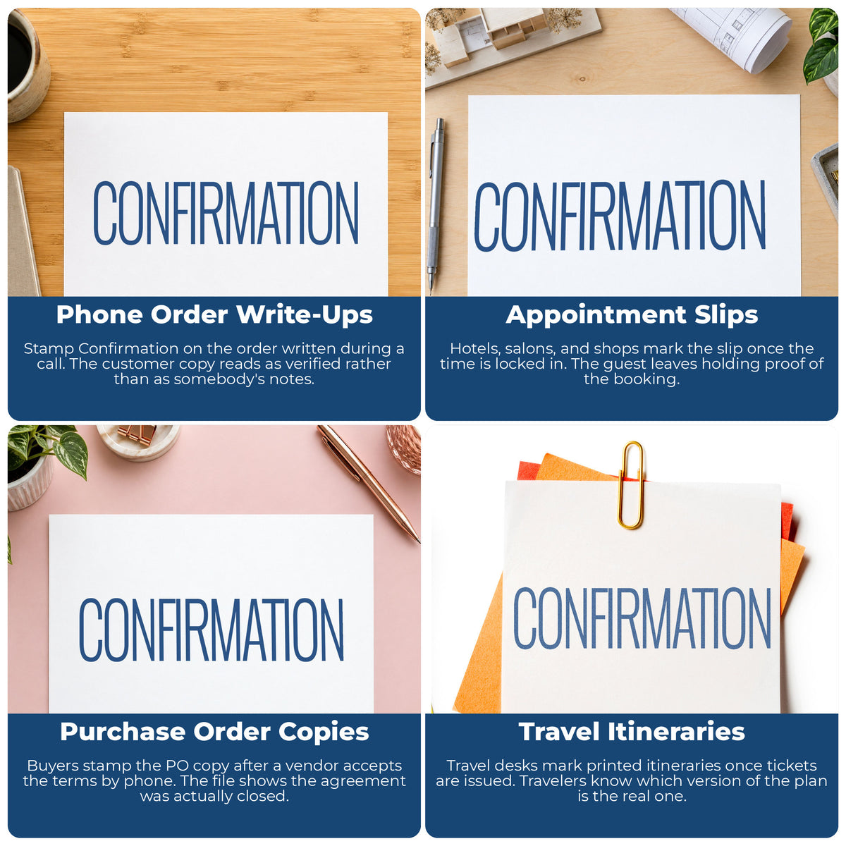 "Confirmation" imprint applied to paperwork, rectangle impression at 1/2 x 1-5/8 in