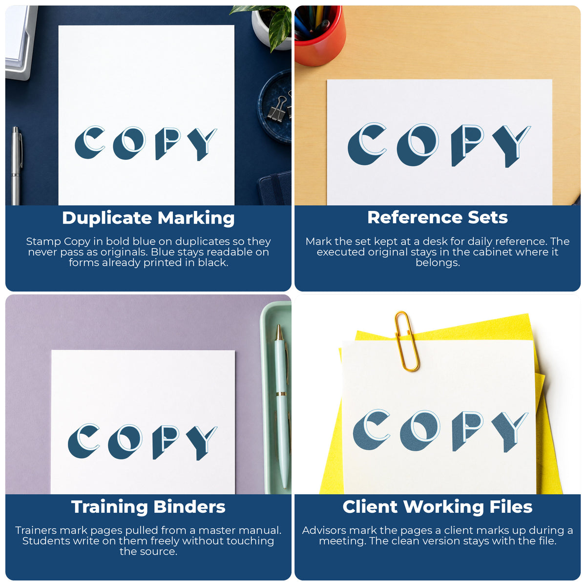 "Copy" imprint applied to paperwork, rectangle impression at 1/2 x 1-5/8 in