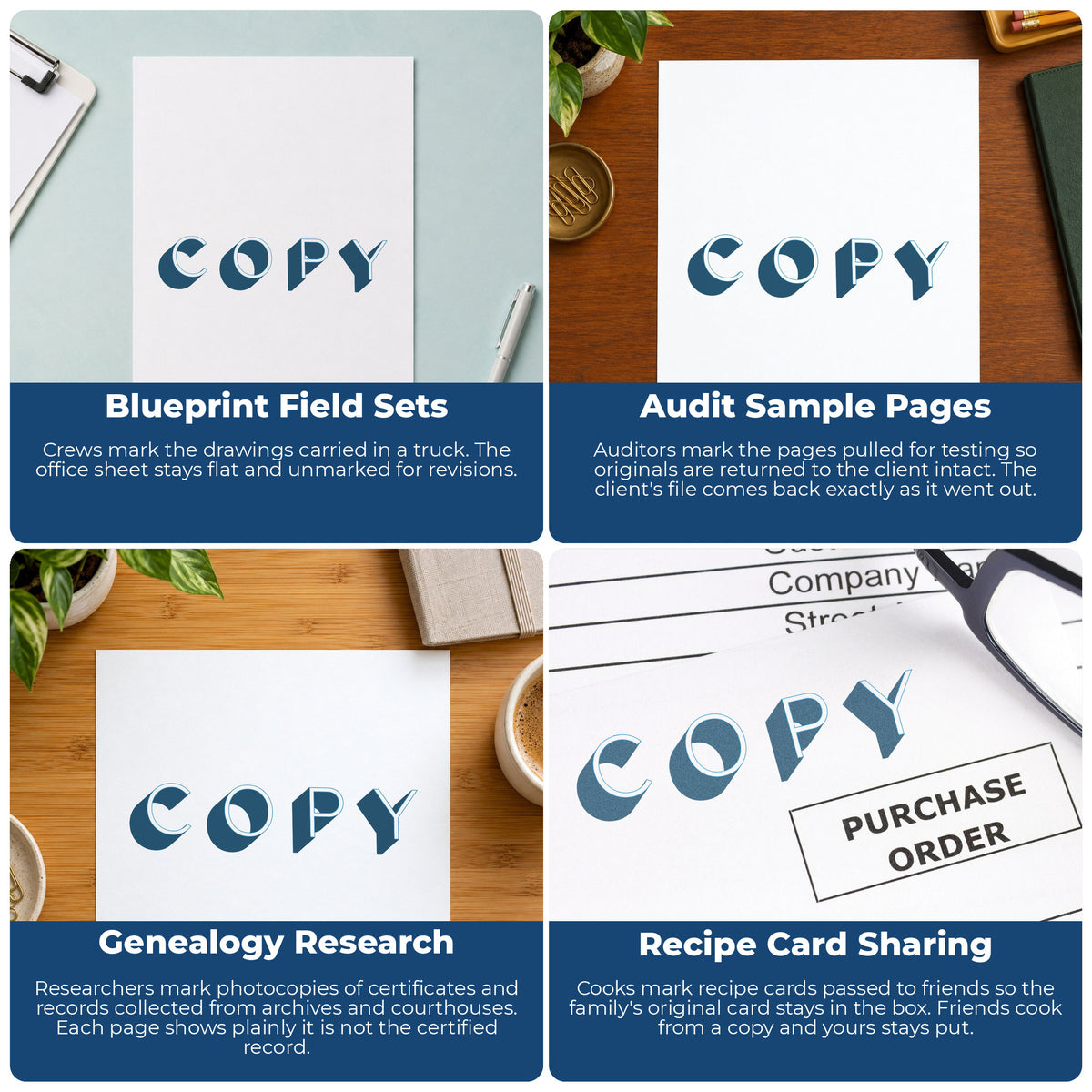 "Copy" pre-inked stamp alongside the mark it leaves on a page