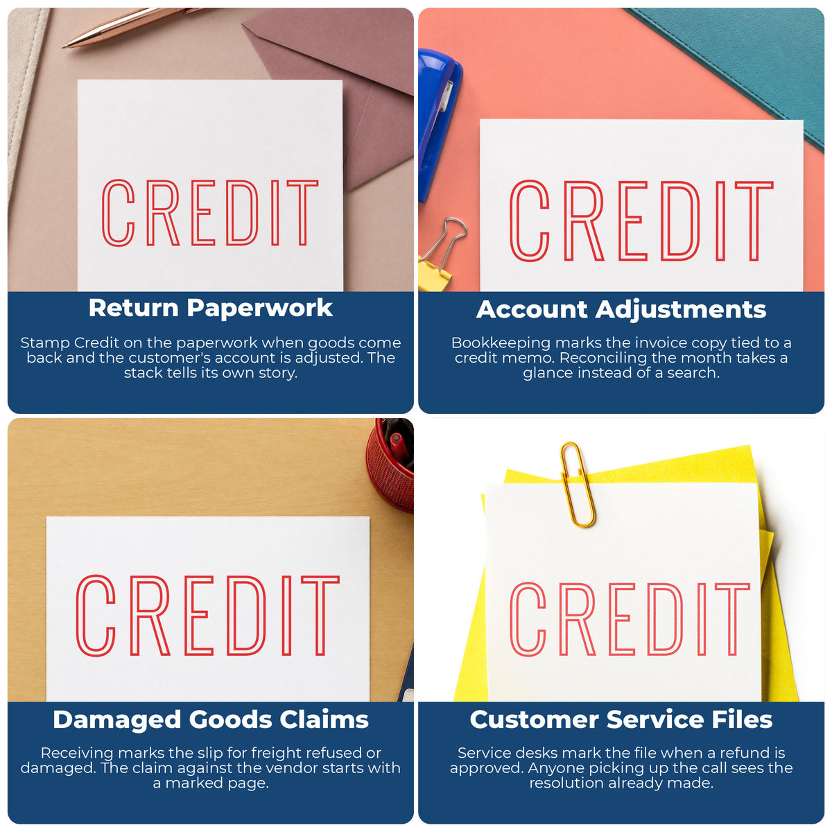 "Credit" imprint applied to paperwork, rectangle impression at Approximately 1/2 in tall x 1-5/8 in wide