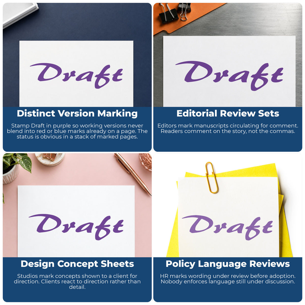 "Draft" imprint applied to paperwork, rectangle impression at 1/2 x 1-5/8 in