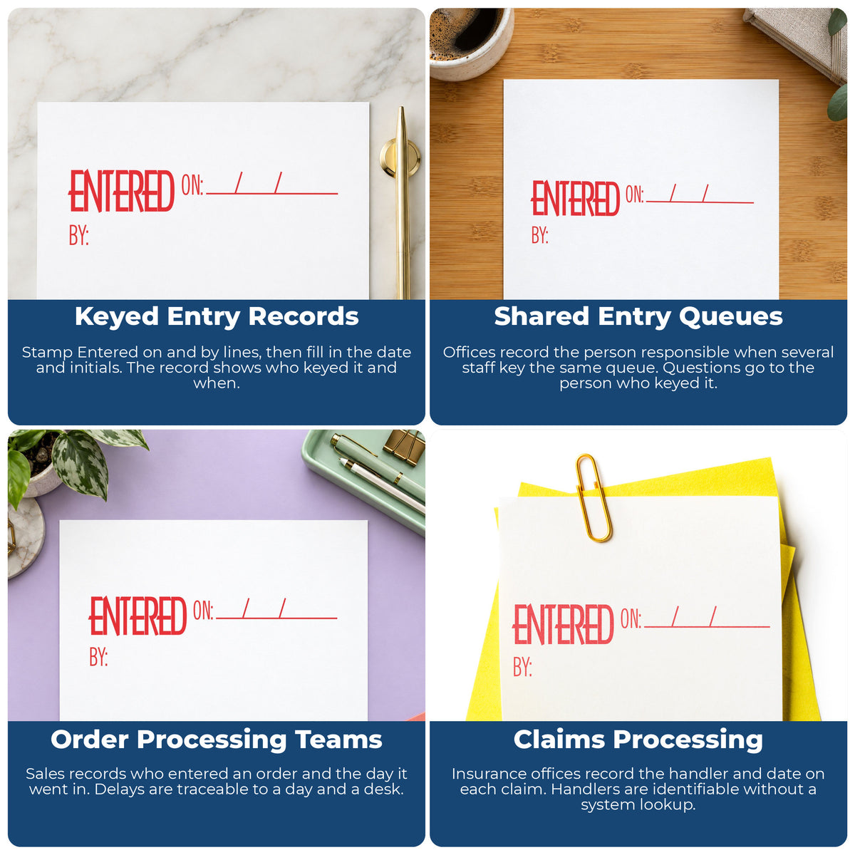 "Entered on: by:" imprint applied to paperwork, rectangle impression at 1/2 x 1-5/8 in
