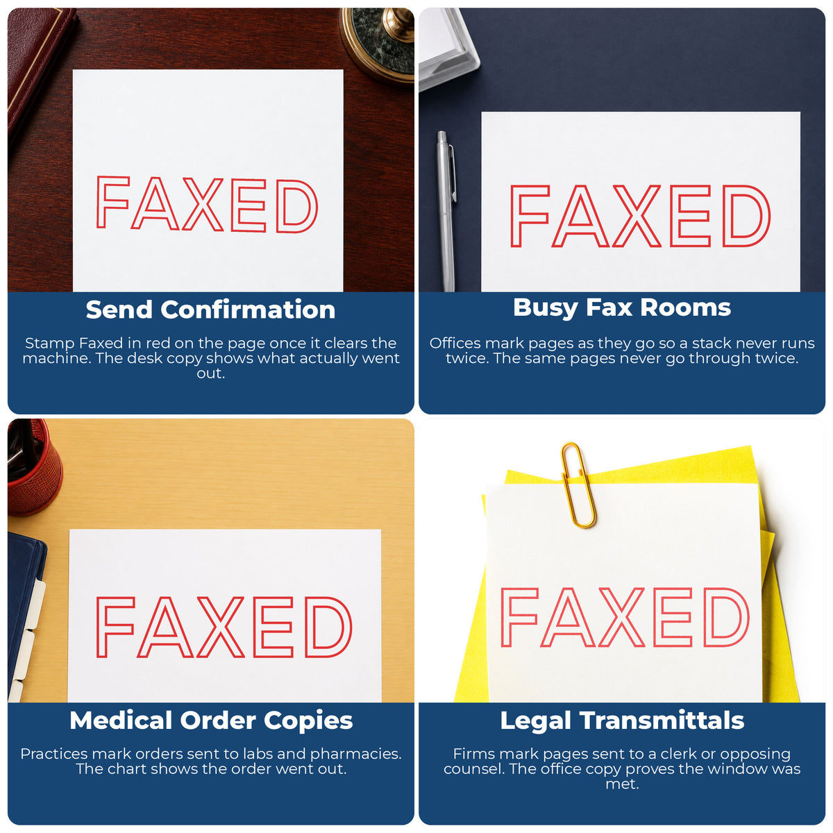 "Faxed" imprint applied to paperwork, rectangle impression at Approximately 1/2 in tall x 1-5/8 in wide