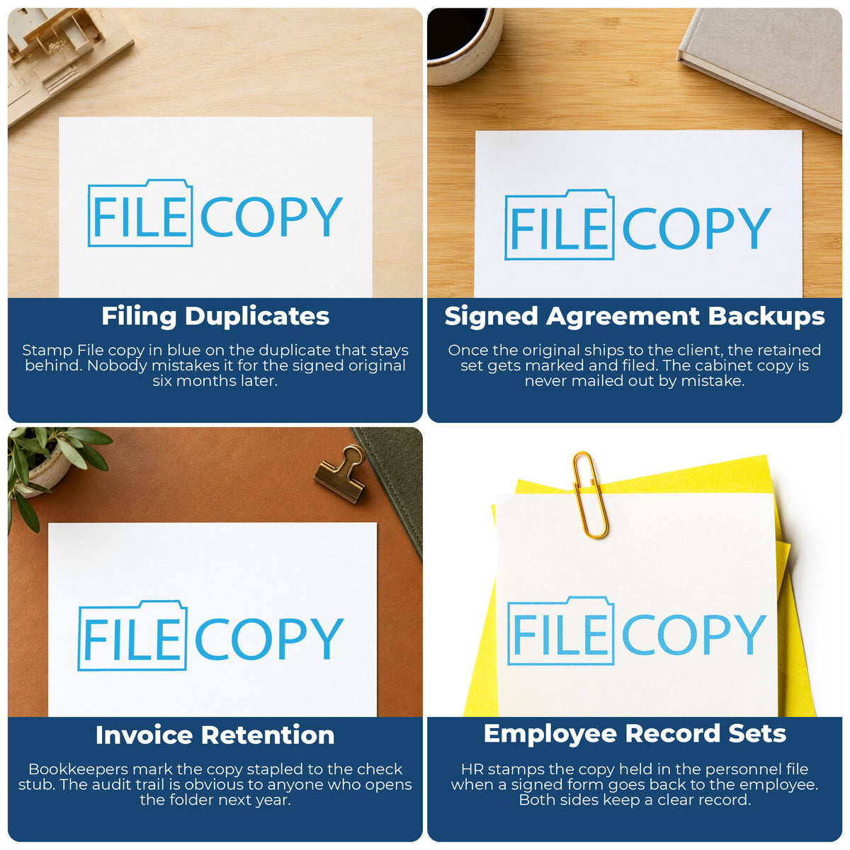 "File copy" imprint applied to paperwork, rectangle impression at Approximately 1/2 in tall x 1-5/8 in wide