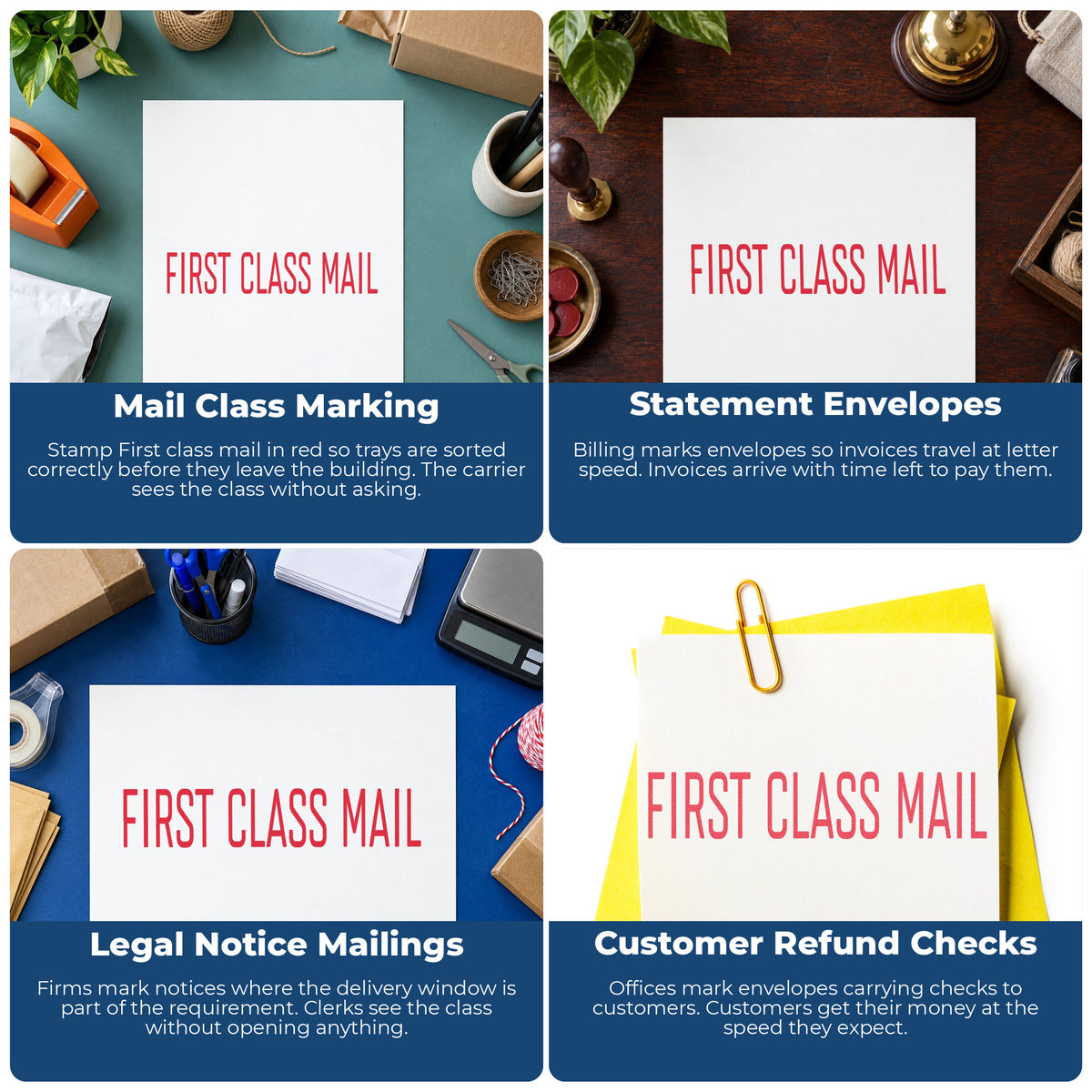 "First class mail" imprint applied to paperwork, rectangle impression at 1/2 x 1-5/8 in