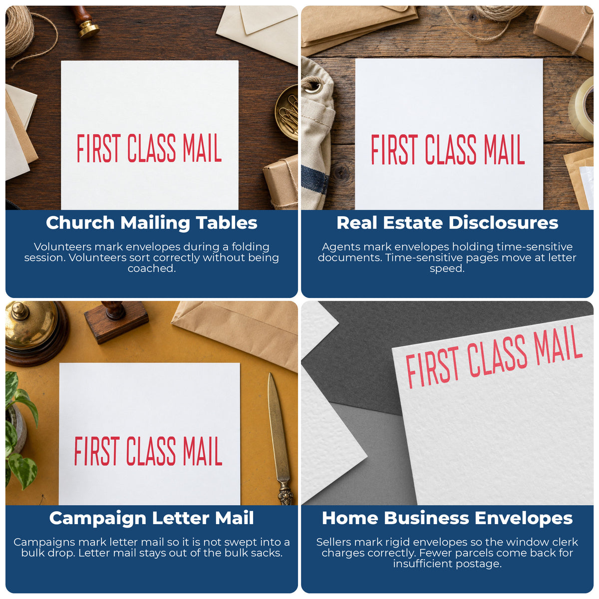 "First class mail" pre-inked stamp alongside the mark it leaves on a page