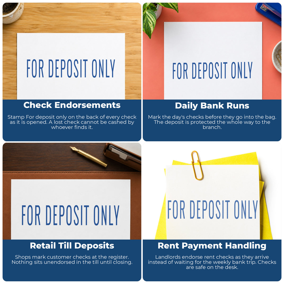 "For deposit only" imprint applied to paperwork, rectangle impression at 1/2 x 1-5/8 in