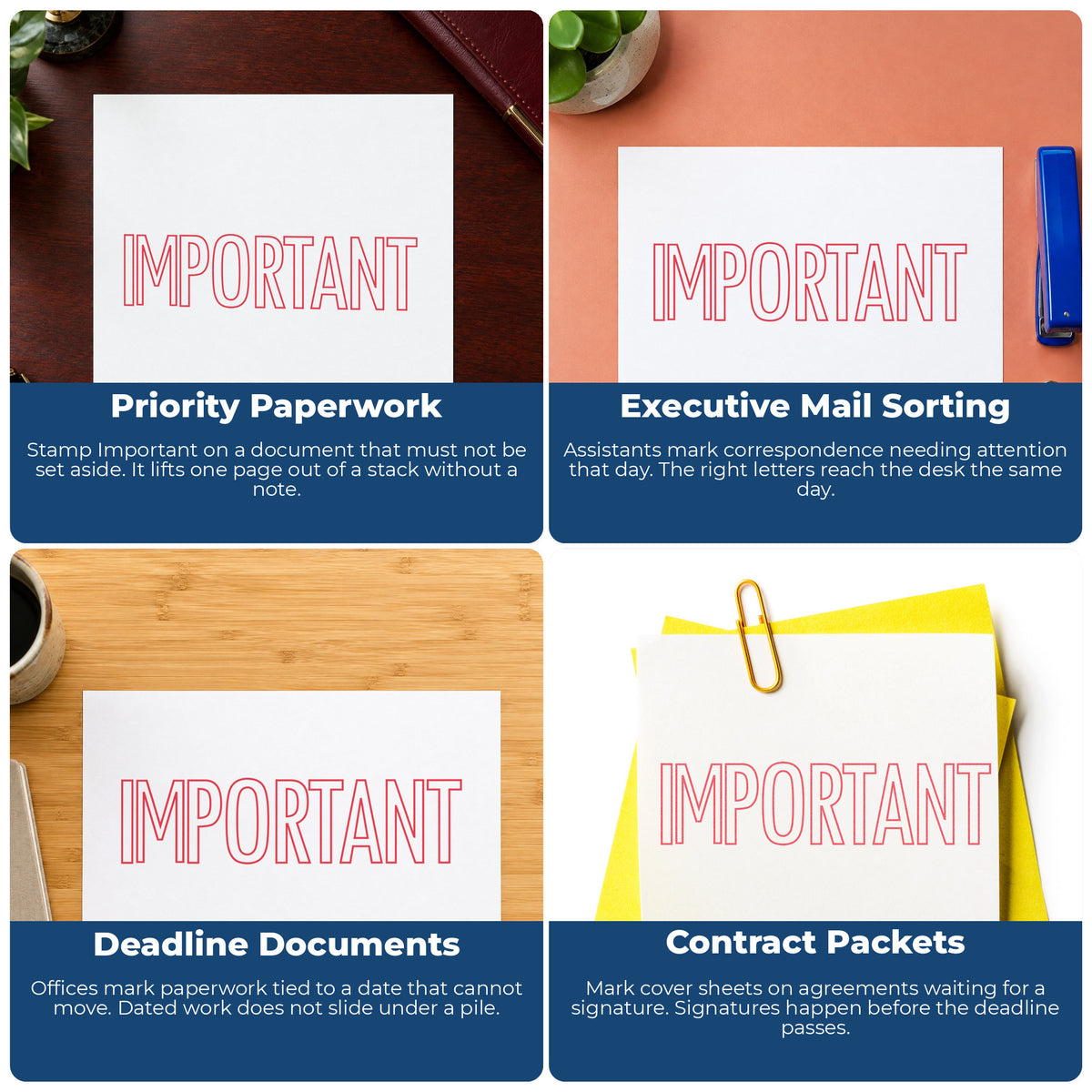 "Important" imprint applied to paperwork, rectangle impression at Approximately 1/2 in tall x 1-5/8 in wide