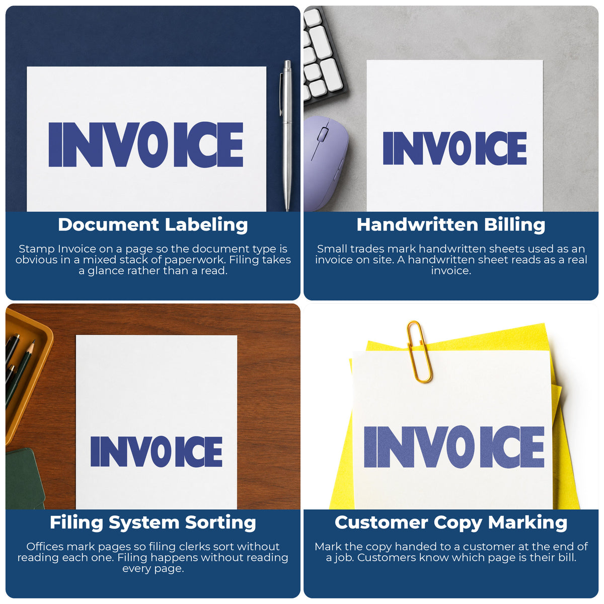 "Invoice" imprint applied to paperwork, rectangle impression at Approximately 1/2 in tall x 1-5/8 in wide