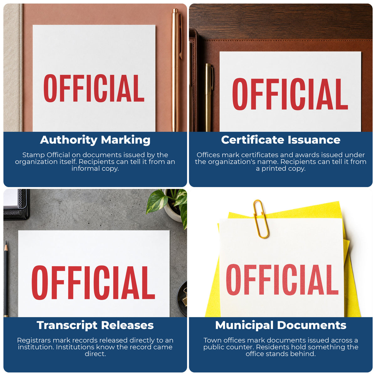 "Official" imprint applied to paperwork, rectangle impression at Approximately 1/2 in tall x 1-5/8 in wide