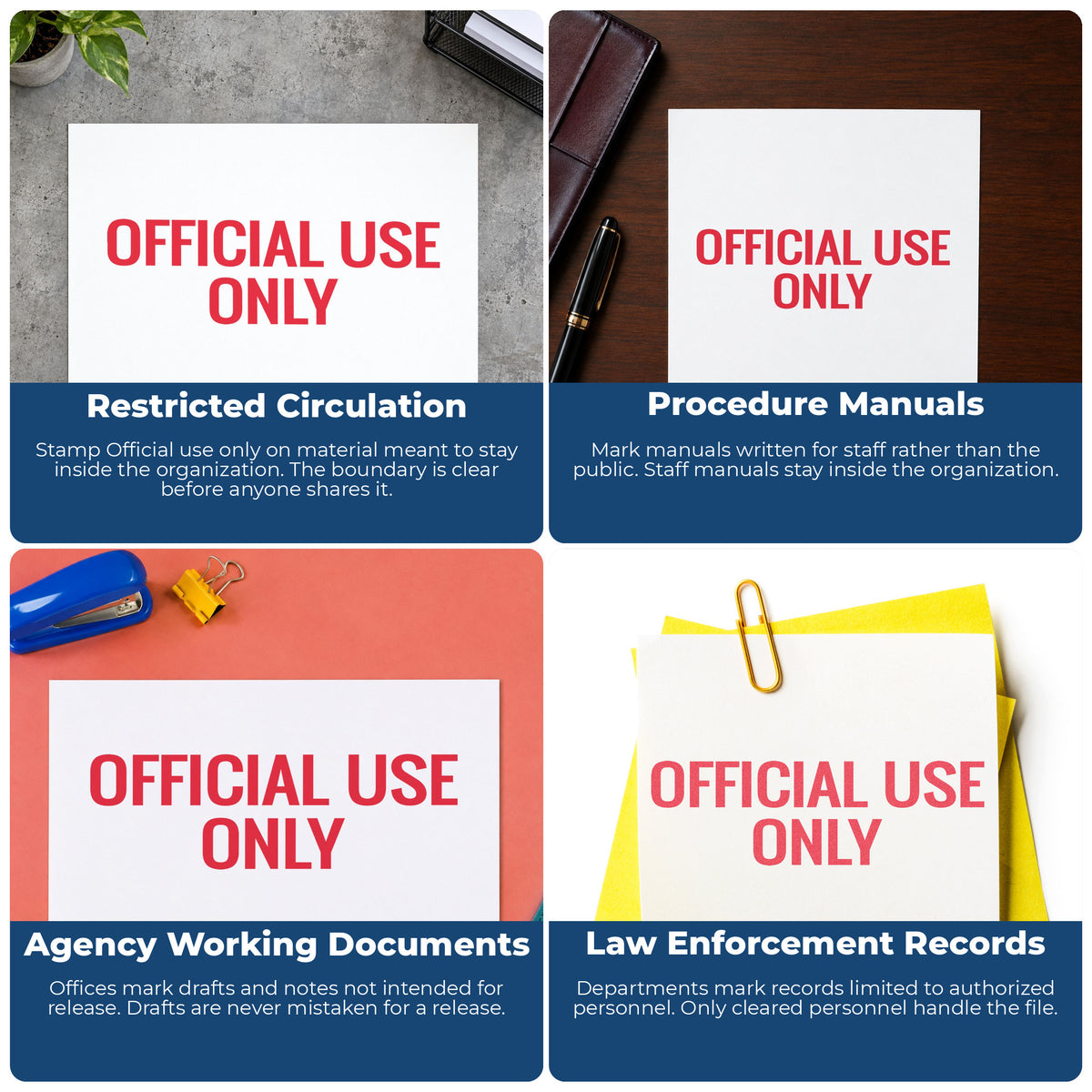 "Official use only" imprint applied to paperwork, rectangle impression at 1/2 x 1-5/8 in