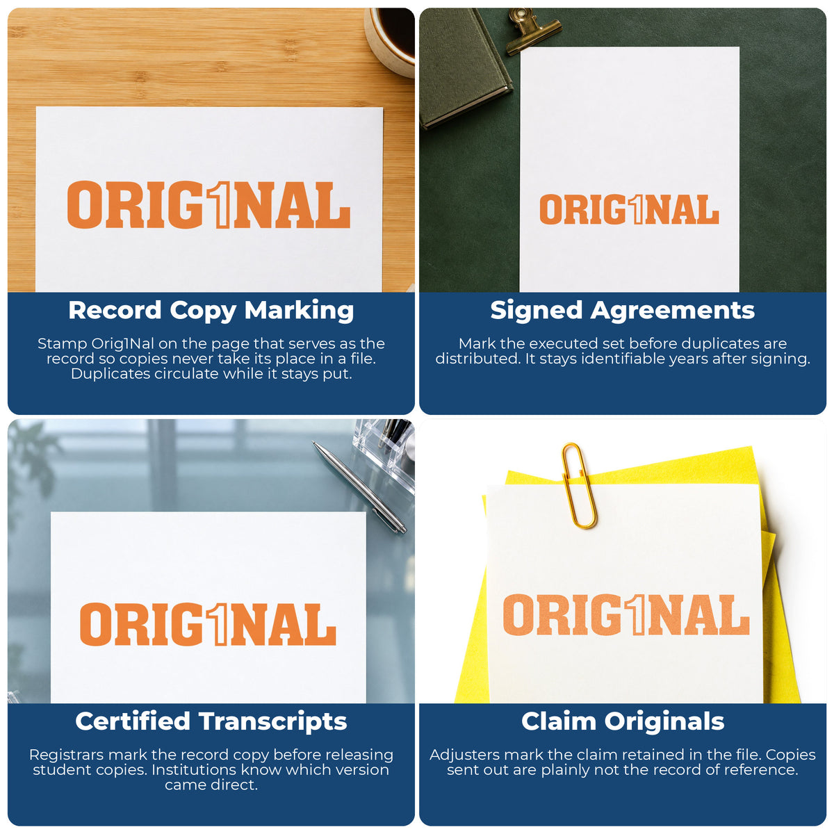 "Orig1Nal" imprint applied to paperwork, rectangle impression at Approximately 1/2 in tall x 1-5/8 in wide