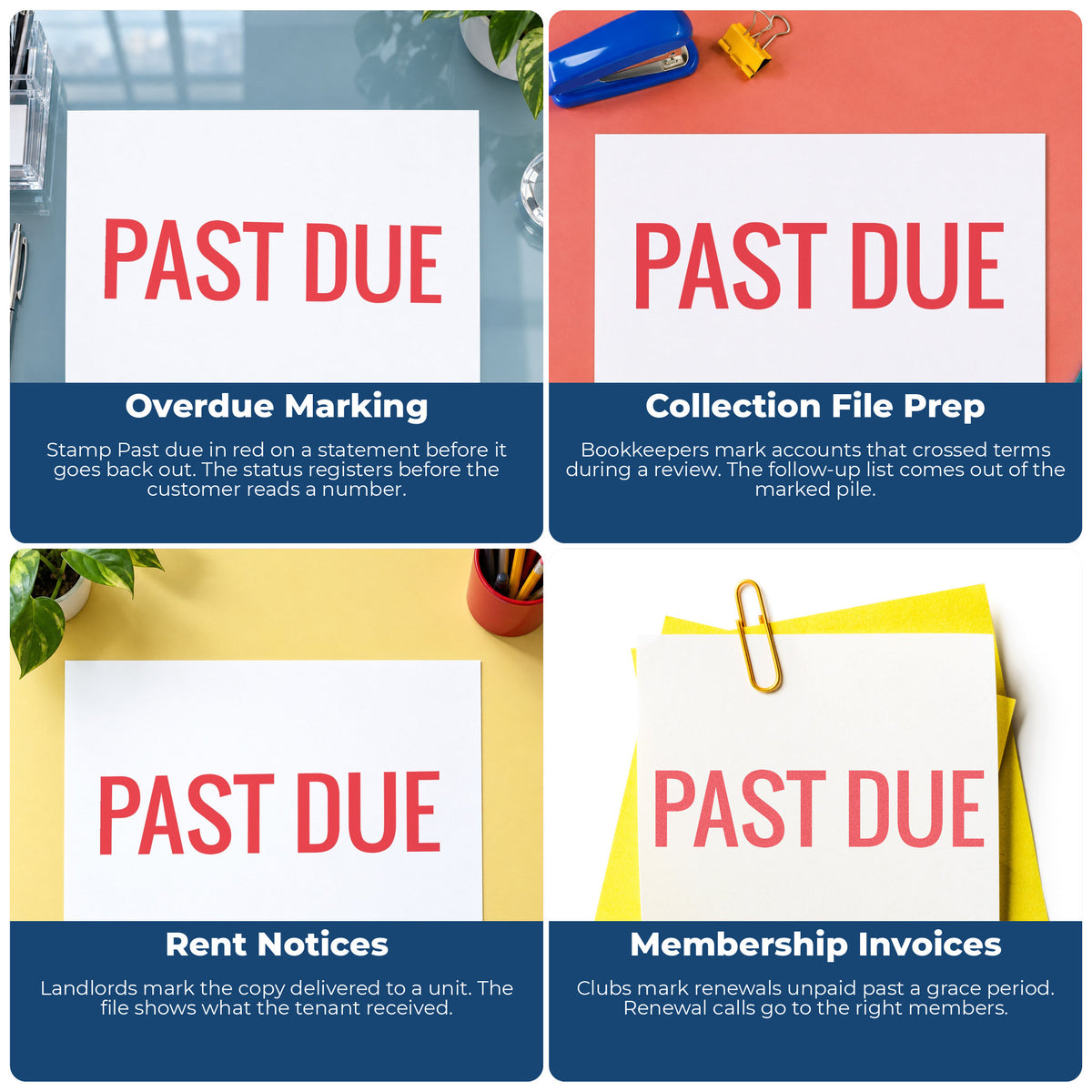 "Past due" imprint applied to paperwork, rectangle impression at Approximately 1/2 in tall x 1-5/8 in wide