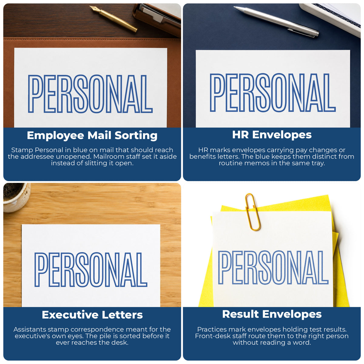 "Personal" imprint applied to paperwork, rectangle impression at Approximately 1/2 in tall x 1-5/8 in wide