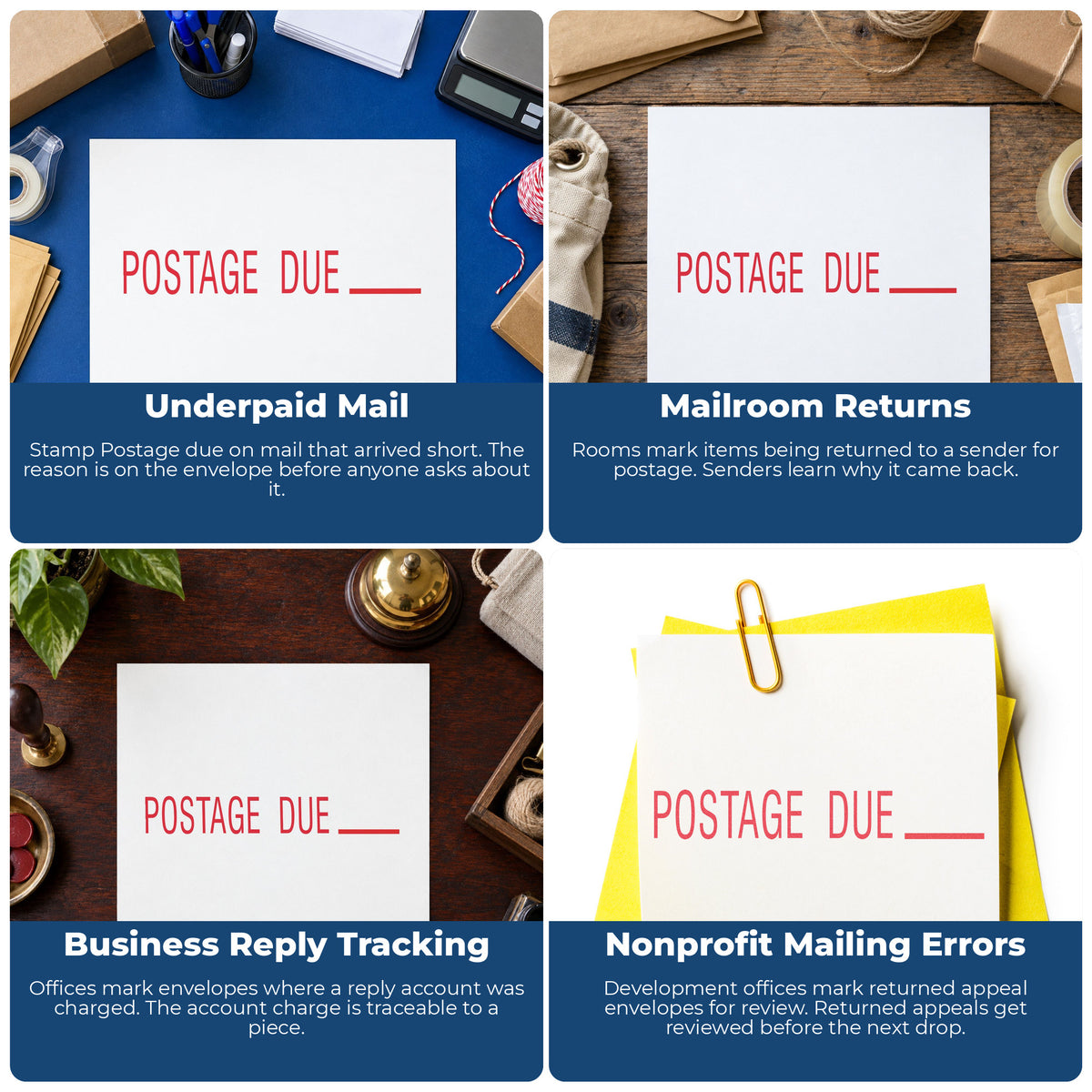 "Postage due" imprint applied to paperwork, rectangle impression at 1/2 x 1-5/8 in