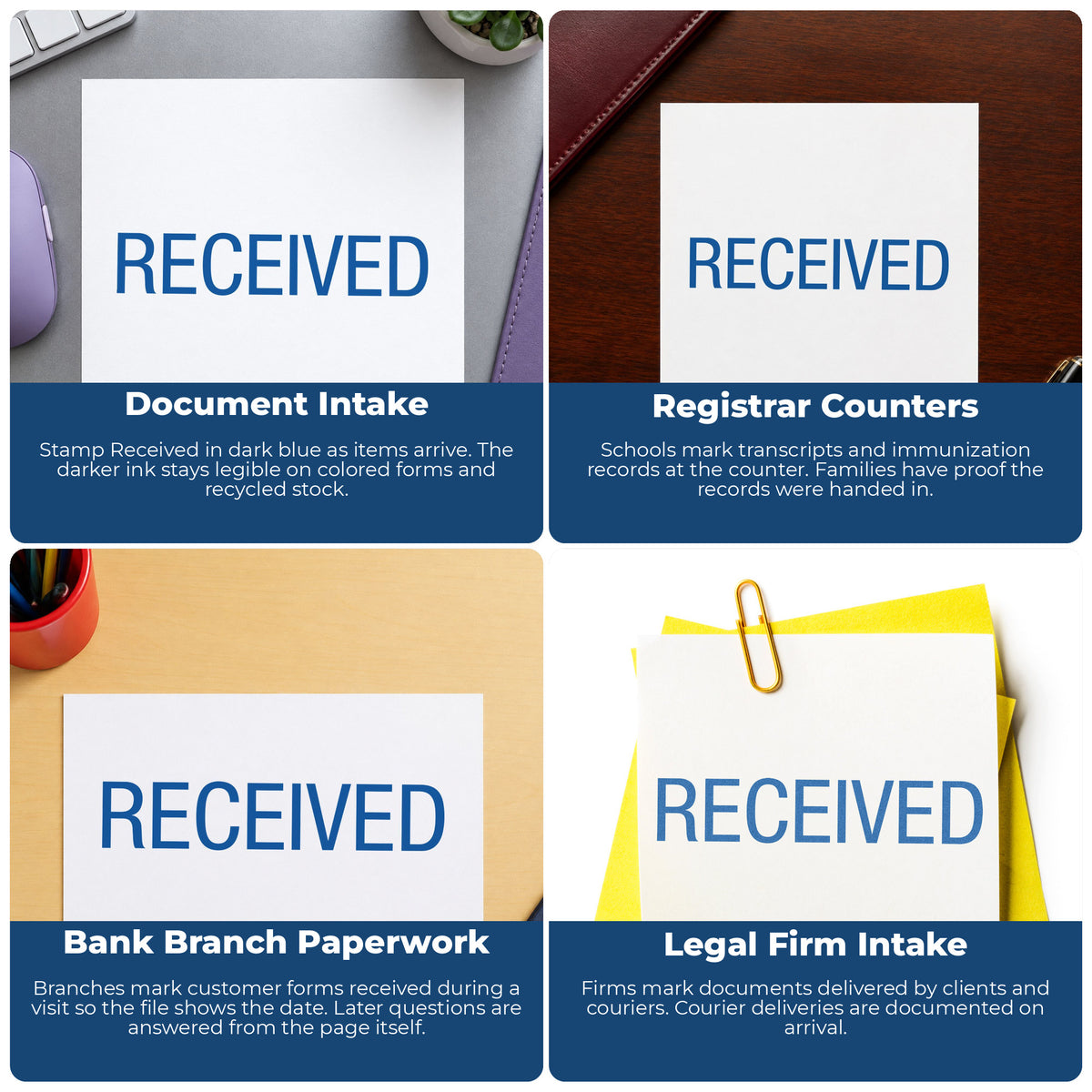 "Received" imprint applied to paperwork, rectangle impression at 1/2 x 1-5/8 in